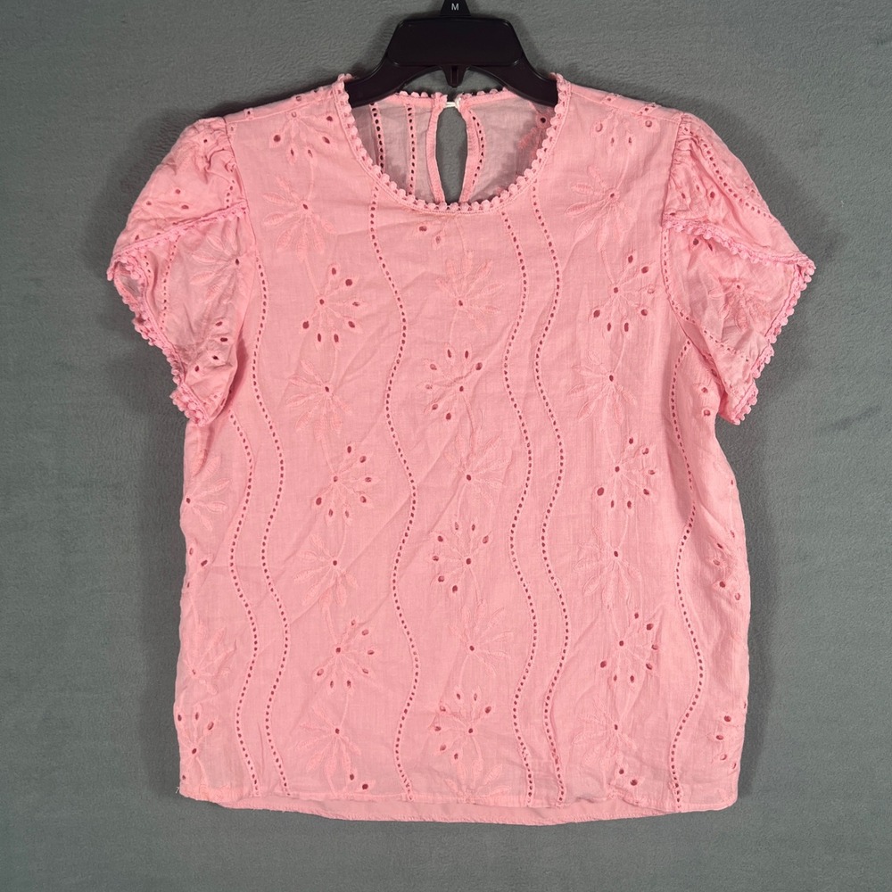 SHEIN Womens Blouse XL 12 Pink Eyelet Floral Boho Short Puff Sleeve Scalloped